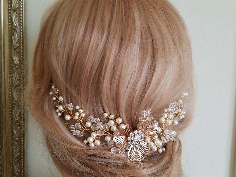 Wedding - Pearl Gold Bridal Hair Vine, Swarovski Ivory Pearl Hair Piece, Wedding Pearl Crystal Headpiece, Bridal Hair Jewelry, Pearl Floral Wreath