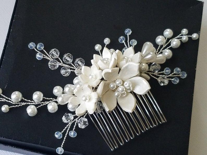 Hochzeit - Pearl Bridal Hair Comb, White Pearl Floral Hair Piece, Wedding Pearl Crystal Hair Comb, Pearl Headpiece, Pearl Hair Jewelry Hair Accessories