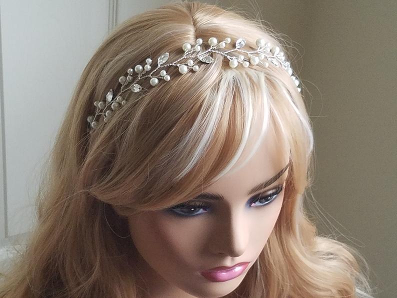 زفاف - Pearl Crystal Bridal Hair Vine, Wedding Floral Hair Vine, Ivory Pearl Crystal Hair Piece, Pearl Leaf Silver Headpiece, Bridal Hair Jewelry