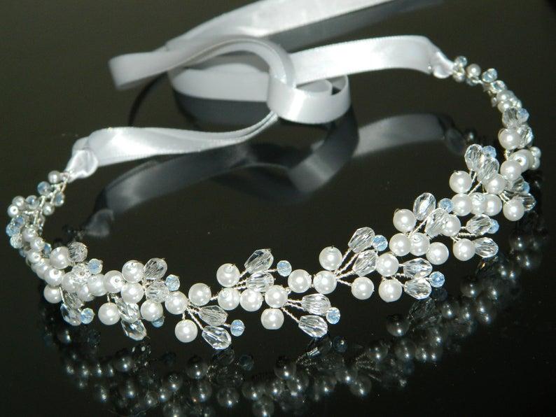 Wedding - Pearl Crystal Bridal Hair Vine, White Pearl Hair Wreath, Wedding Headpiece, Bridal Hair Piece, Bridal Hair Vine, Bridal Pearl Hair Jewelry