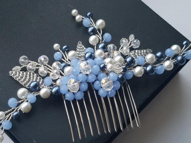 Hochzeit - Blue Bridal Hair Comb, Dusty Blue White Hair Piece, Wedding Navy Blue Pearl Headpiece, Pearl Crystal Floral Hair Piece, Bridal Hair Jewelry