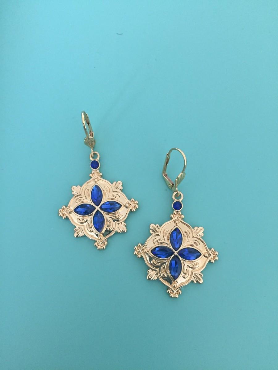 Wedding - Vintage Earrings / Art Nouveau Earrings / Gold Earrings/ Art Deco Earrings/ Sapphire Earrings/ Boho Earrings/ Blue Earrings/ Bridesmaid Gift