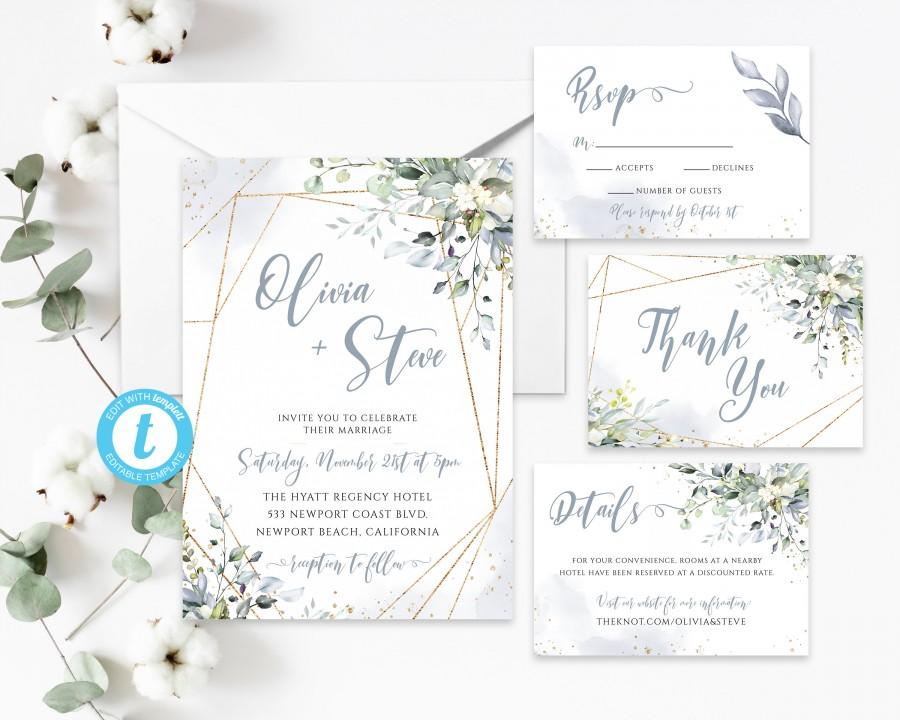 Wedding - Bohemian Wedding Suite, Geometric Gold Frame Invite, Dusty Blue Foliage Greenery Eucalyptus, Boho Wedding, Elegant, Gold, Blue Watercolor