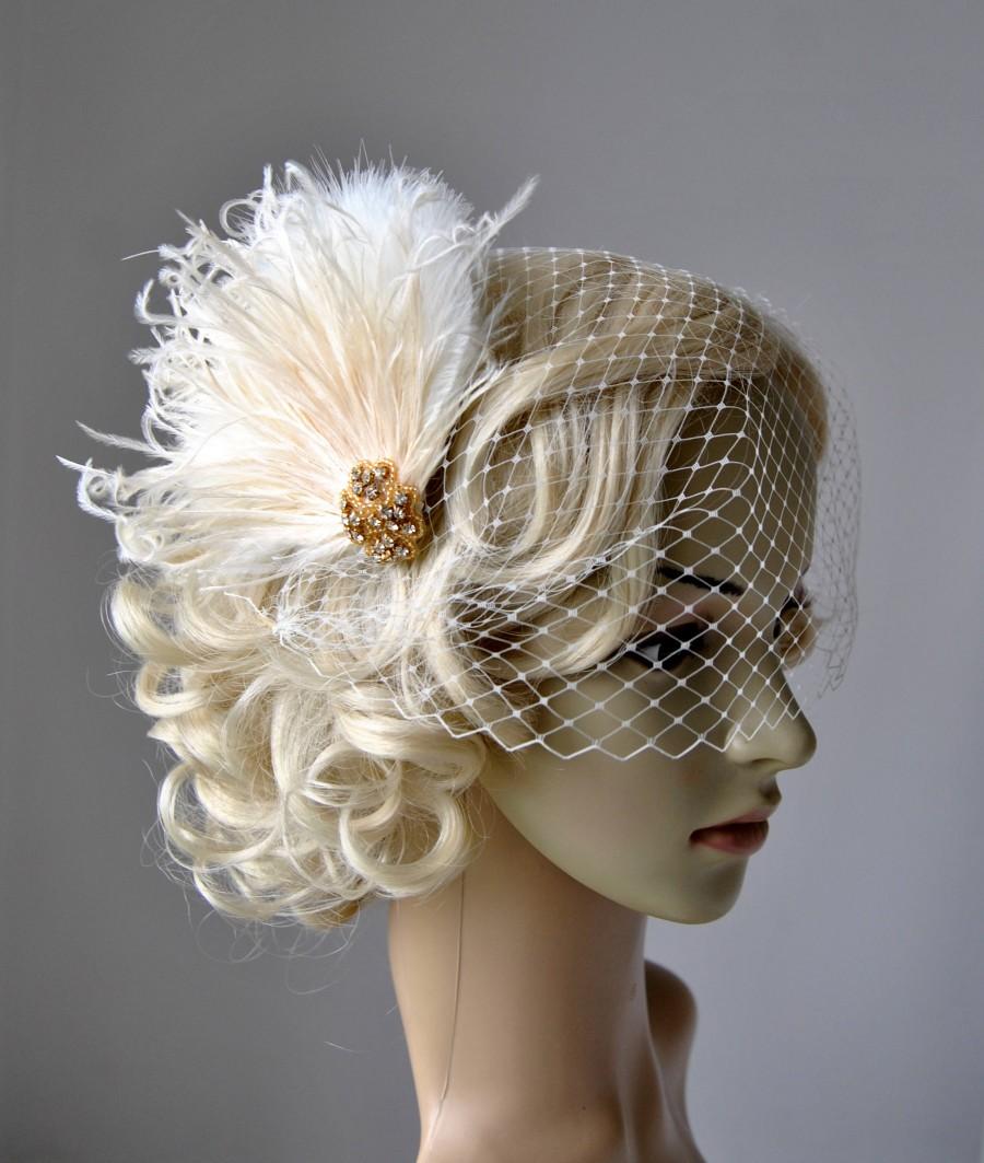 Hochzeit - 1920s Rhinestone head piece Bridal Veil White hairpiece headbpiece Feather 1920s Headpiece Bridal fascinator Wedding Veil and fascinator