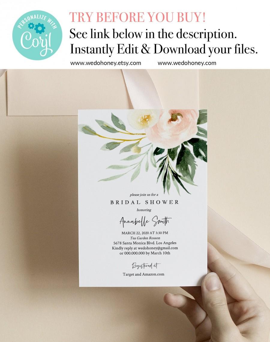 زفاف - Blush Floral and Greenery Bridal Shower Invitation Template, Editable Text  #BLS049