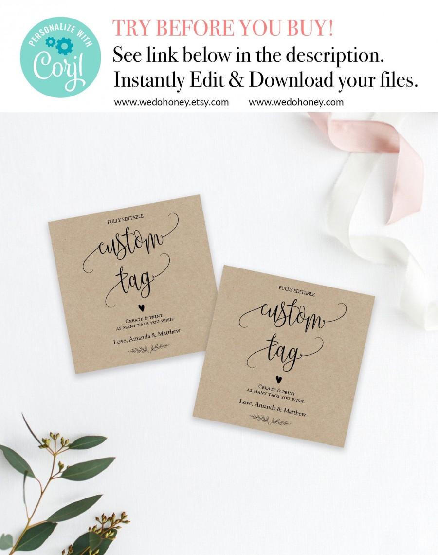 Mariage - Printable Wedding Favor Tag Template,  Kraft Favor Tags, 2x2" Square Tags, Editable Thank You Tags, Fully Editable Text, Calligraphy #WDH070