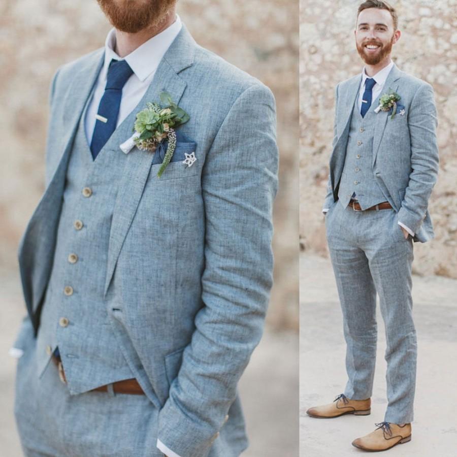 زفاف - Men's Navy Blue Linen Suits Slim fit 3 Piece Summer Suits for Men Groom Wear Wedding Suits