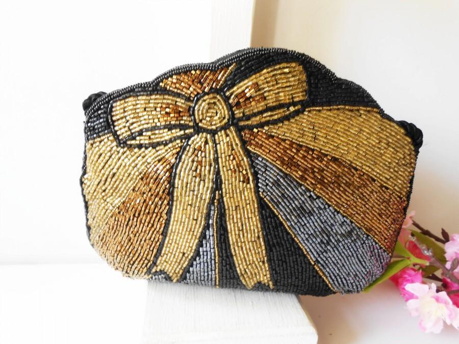 Wedding - Vintage Beaded  Evening Bag, Beaded Clutch Bag, Black Gold Copper Beads, Hollywood Glamour,  EB-0561