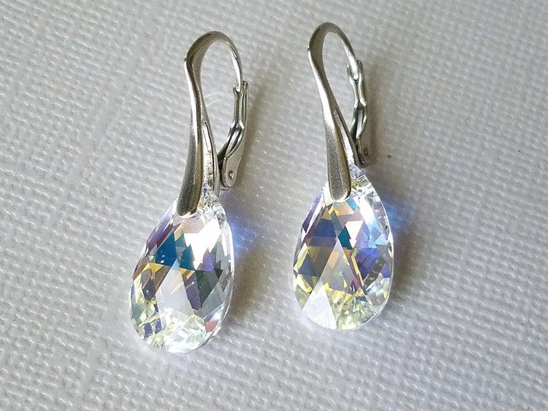 زفاف - Aurora Borealis Leverback Earrings, Swarovski AB Crystal Sterling Silver Earrings, Bridal Crystal Earrings, Wedding Party Gift, AB Jewelry
