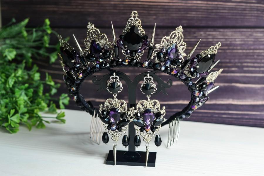Wedding - Gothic wedding crown with thorns, black crown in the Gothic style, black crown, Gothic tiara, Black and red tiara, Black earrings, crowns