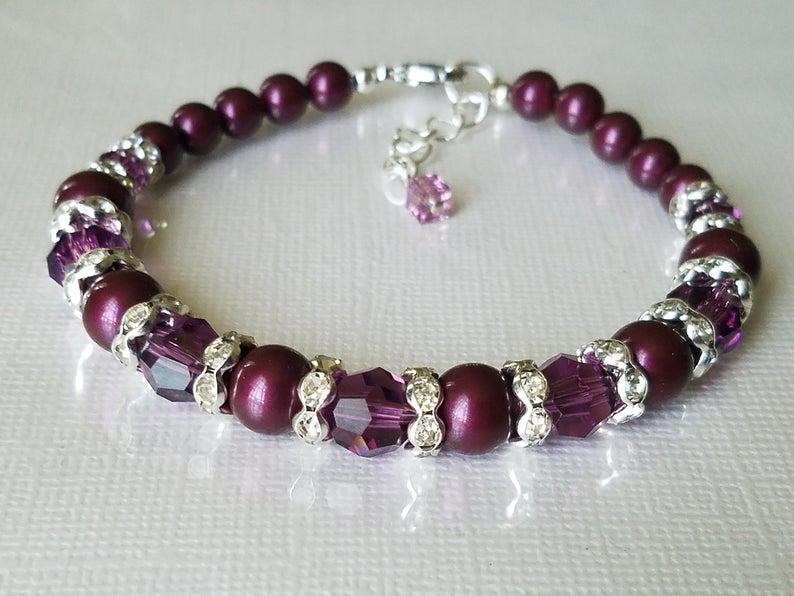 Mariage - Purple Pearl Bracelet, Swarovski Blackberry Pearl Silver Bracelet, Wedding Purple Bracelets, Blackberry Pearl Jewelry, Purple Pearl Jewelry
