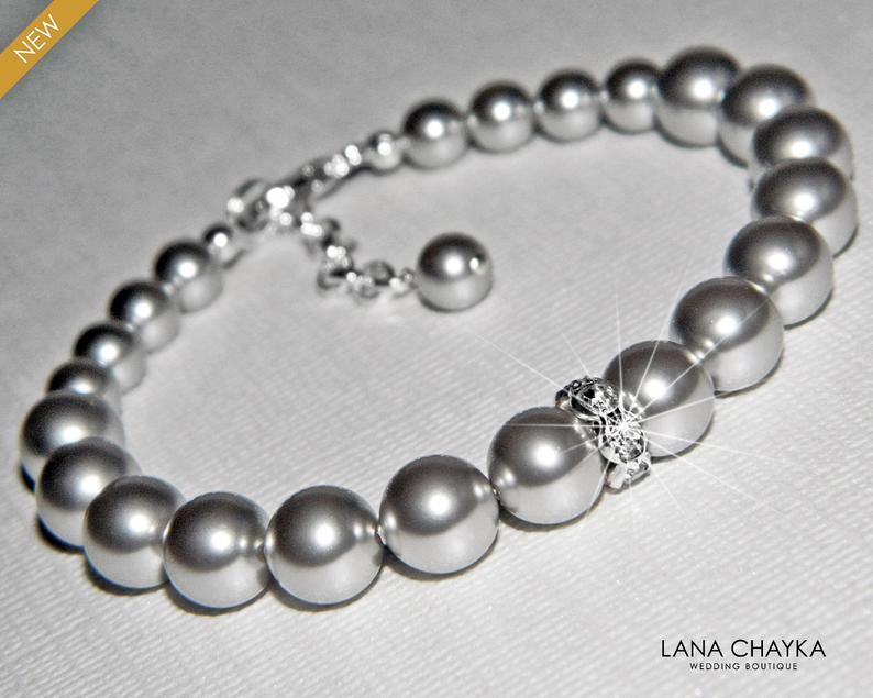 Hochzeit - Light Grey Pearl Bracelet, Swarovski Gray Pearl Silver Bracelet, Wedding Light Gray Beaded Bracelet, Bridal Pearl Jewelry, Wedding Jewelry
