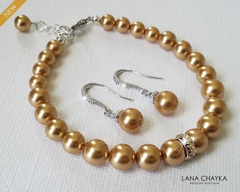 Wedding - Golden Pearl Jewelry Set, Wedding Earrings&Bracelet Pearl Set, Swarovski Bright Gold Silver Set, Wedding Yellow Pearl Jewelry Bridal Jewelry