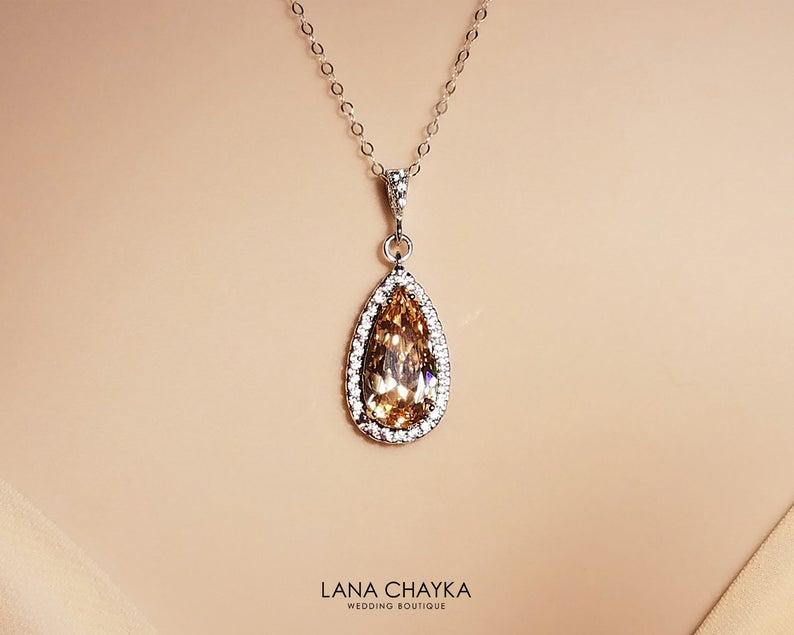 Свадьба - Champagne Crystal Bridal Necklace, Champagne CZ Silver Necklace, Teardrop Halo Necklace, Peach Cubic Zirconia Pendant, Prom CZ Necklace