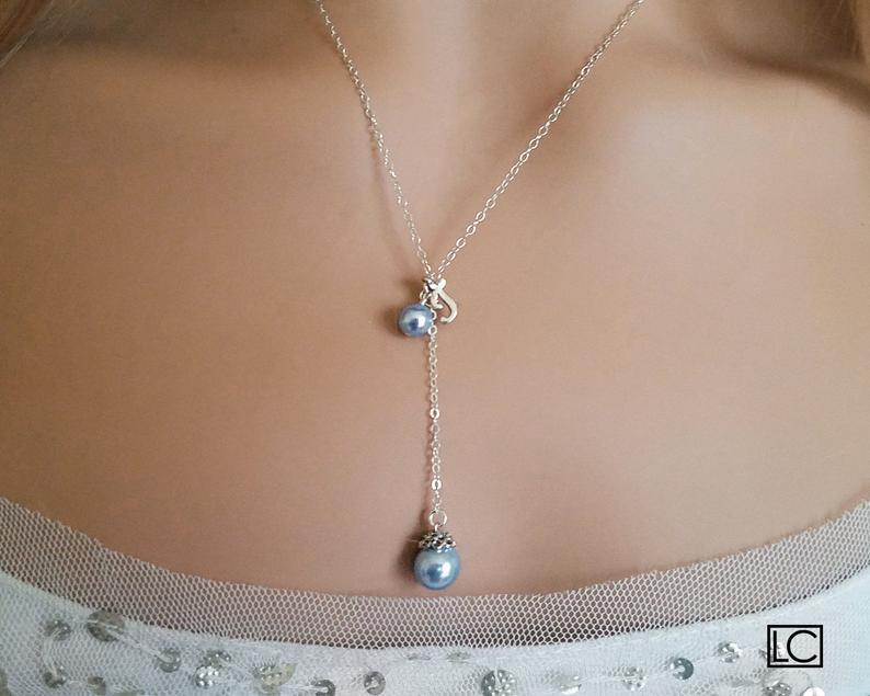 Hochzeit - Y Lariat Initial Necklace, Swarovski Blue Pearl Necklace, Personalized Initial Lariat Necklace, Letter "T" Silver Necklace, Wedding Jewelry