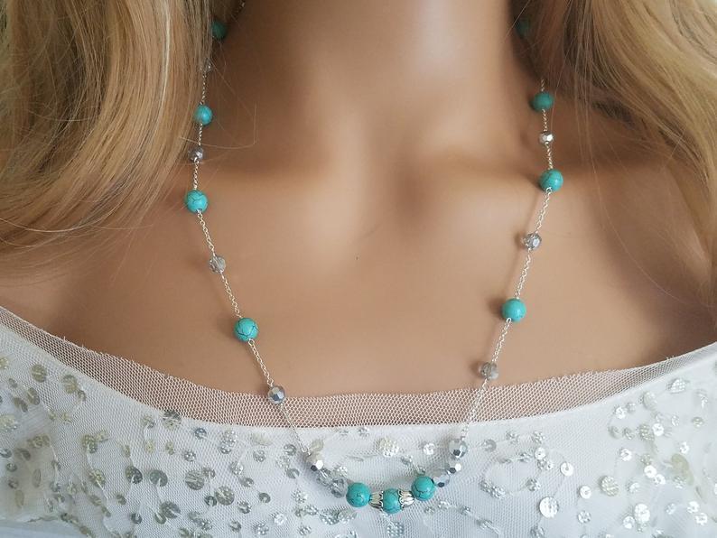 Wedding - Turquoise Silver Necklace, Turquoise Grey Crystal Necklace, Turquoise Long Necklace, Everyday Women Necklace, Wedding Party Gift Jewelry