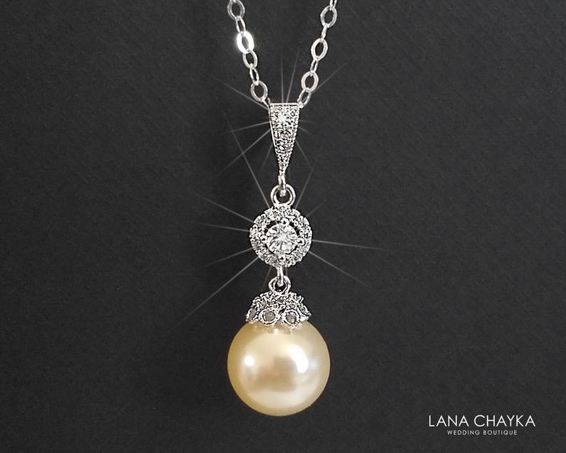 زفاف - Pearl Bridal Necklace, Swarovski 10mm Ivory Pearl CZ Necklace, Wedding Pearl Drop Necklace, Bridal Bridesmaid Pearl Jewelry, Prom Jewelry