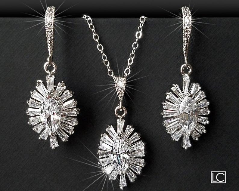 زفاف - Crystal Bridal Jewelry Set, Wedding Jewelry, Cubic Zirconia Marquise Jewelry Set, Earrings&Necklace Oval Set, Bridal Jewelry, Prom Jewelry