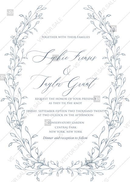 Hochzeit - Laurel wreath herbal letterpress design wedding invitation set indigo ink PDF 5x7 in wedding invitation maker