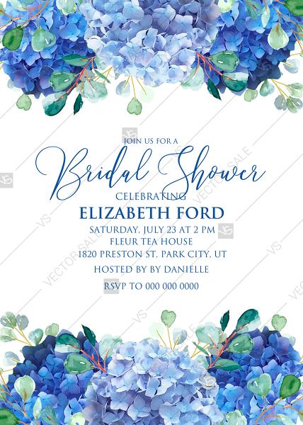 Mariage - Wedding invitation set watercolor blue hydrangea eucalyptus greenery PDF 5x7 in customizable template