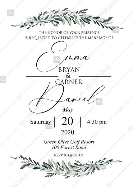 Hochzeit - Minimalist olive branch greenery Wedding Invitation set PDF 5x7 in