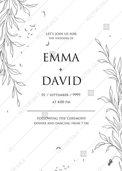 Mariage - Minimalistic olive eucalyptus leaves brunch line art trend ink wedding invitation set PDF 5x7 in instant maker