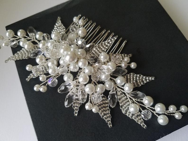 Wedding - Pearl Bridal Hair Comb, White Pearl Silver Hair Piece, Wedding Headpiece, Pearl Floral Hair Piece, Pearl Hair Jewelry, Pearl Crystal Comb