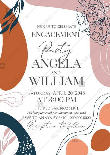 Wedding - Modern terracotta pink navy blue peony wedding engagement party invitation set PDF 5x7 in customizable template
