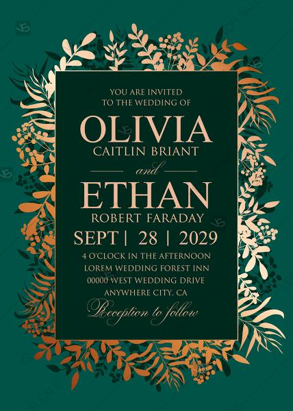 Hochzeit - Greenery herbal gold foliage emerald green wedding invitation set card template PDF 5x7 in