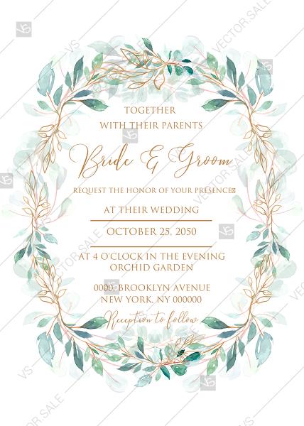 Mariage - Wedding invitation set gold leaf laurel watercolor eucalyptus greenery PDF 5x7 in personalized invitation