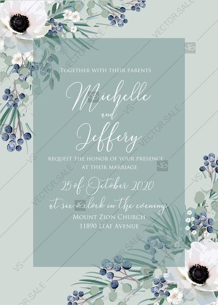Wedding - Wedding invitation set white anemone greenery menthol greenery berry PDF 5x7 in wedding invitation maker