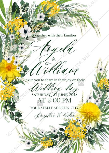 Mariage - Mimosa yellow greenery herbs wedding invitation set card template PDF 5x7 in online maker
