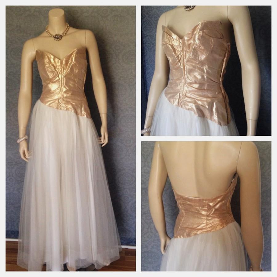 Wedding - 1950s Bombshell Wedding Gown,  Strapless Gold Lame' and White Net ,Tulle,  Bridal, Unusual Asymmetrical Waistline