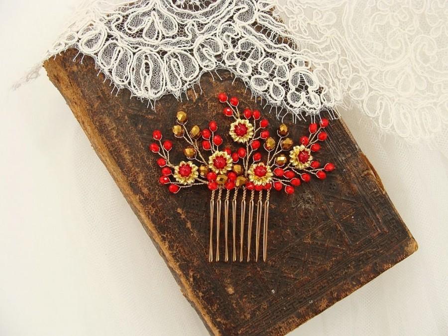 Hochzeit - Red Bridal Hair Comb Gold and Red Chinese Hair Accessories Wedding Floral Comb Gold Red Flower Hair Comb Bridal Pin Tea Ceremony Headpiece