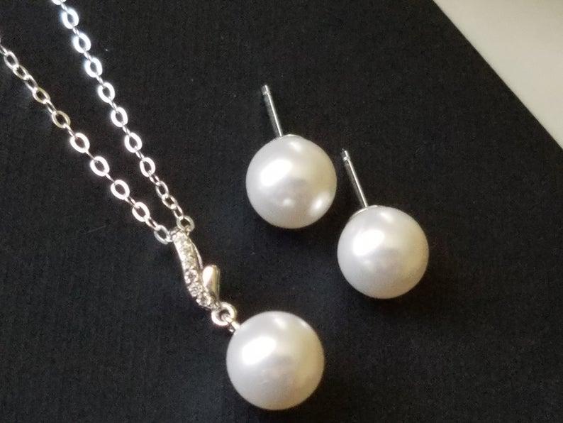 زفاف - Pearl Sterling Silver Bridal Jewelry Set, Swarovski 8mm White Pearl Dainty Pearl Set, Wedding Pearl Jewelry Set, Bridal Bridesmaids Jewelry
