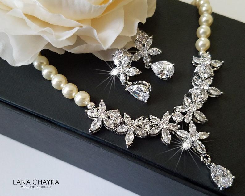 Wedding - Pearl Bridal Jewelry Set, Wedding Necklace&Earrings Set, Swarovski Ivory Pearl Silver Set, Bridal Jewelry Statement Jewelry Set Prom Jewelry