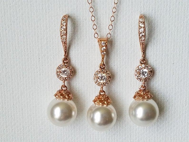 زفاف - Pearl Rose Gold Bridal Jewelry Set, Swarovski White Pearl Earrings&Necklace Set, Wedding Rose Gold Jewelry, Bridesmaids Pink Gold Jewelry
