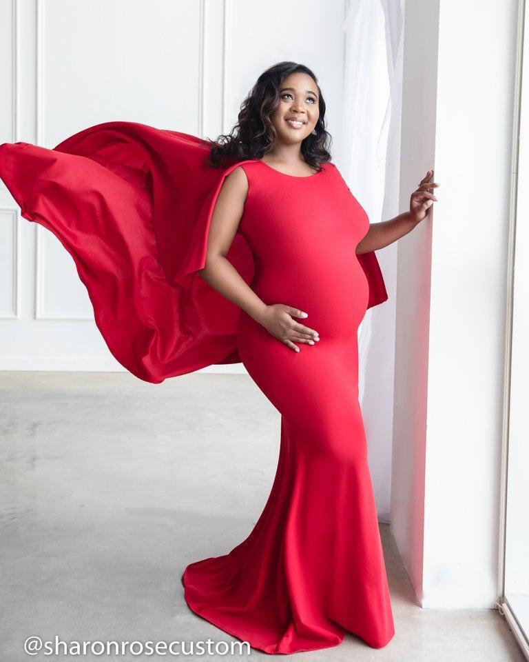 زفاف - Red Maternity Dress~Dress With Cape~Long A line Gown With Long Cape~Maternity Gown~Baby Shower Gown~Maxi Dress~Dress for Photo Shoot