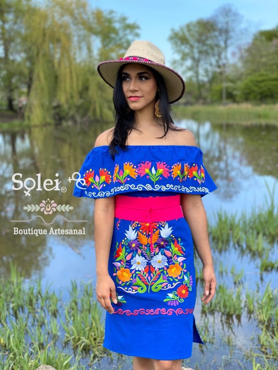 Wedding - Mexican Off the Shoulder Dress. Campesino Dress. Large Floral Embroidered Dress. Belt included. Mexican  Dress.
