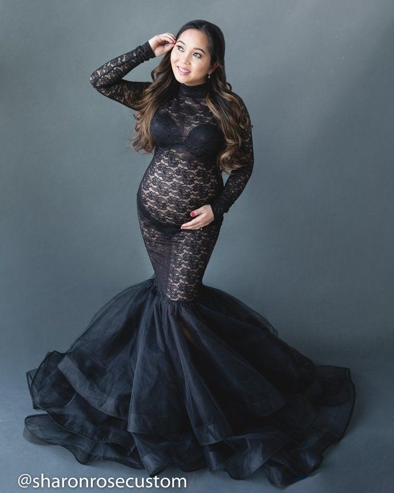 Wedding - Rose Gown - Black Lace Maternity Dress for Photoshoot, Long Sleeve Maternity Gowns for Photo Shoot, Maternity Gowns for Photography, Sheer