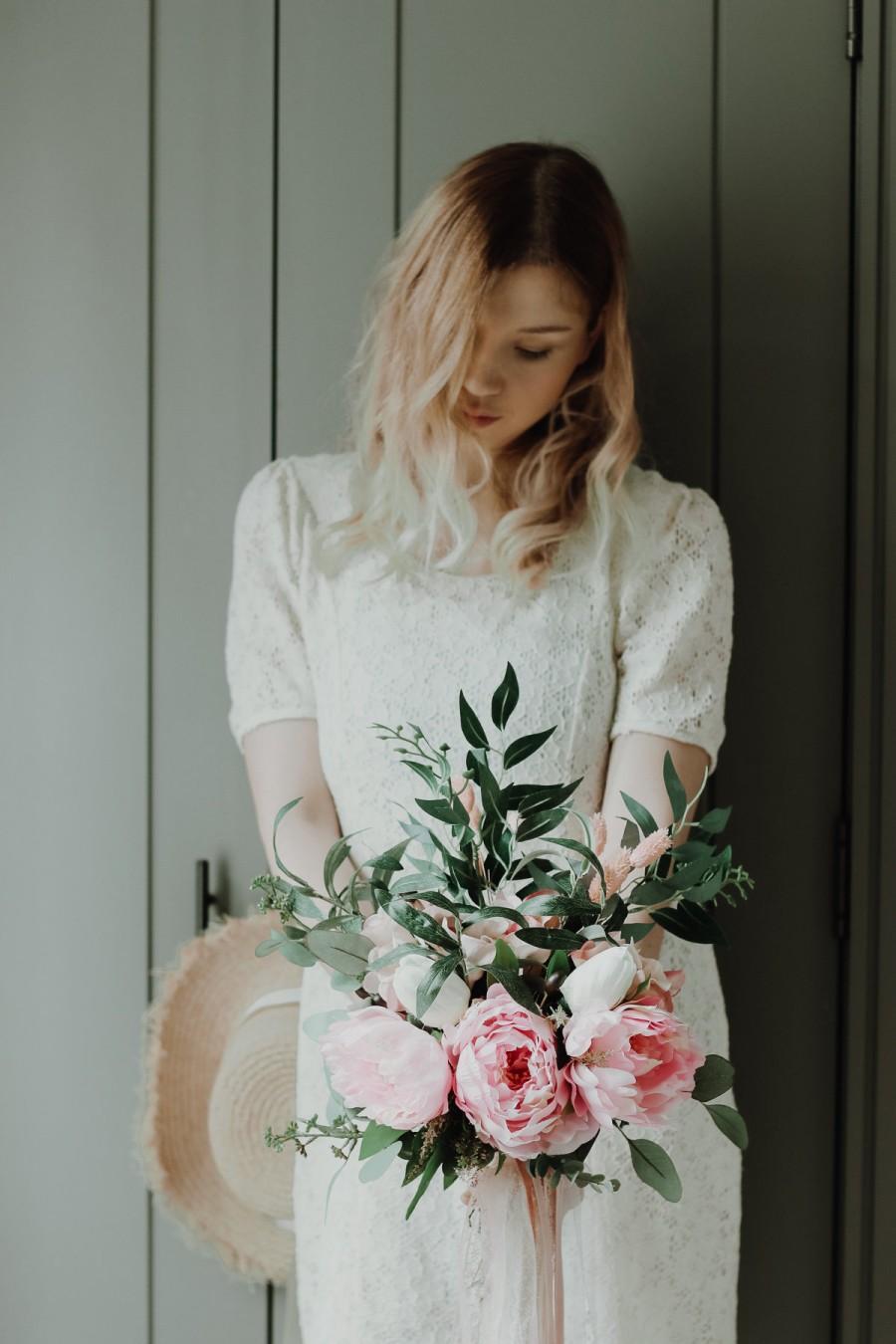 Wedding - Pink Peony & Greenery Bouquet, Silk Wedding Flower Bouquet