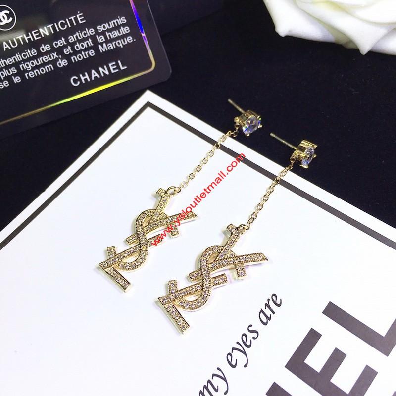 Hochzeit - Saint Laurent Vintage YSL Chain Earrings In Crystal Brass Gold