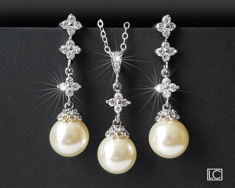 Wedding - Pearl Bridal Jewelry Set, Wedding Pearl Silver Jewelry Set, Swarovski Ivory Pearl Set, Earrings&Necklace Bridal Set, Bridal Pearl Jewelry