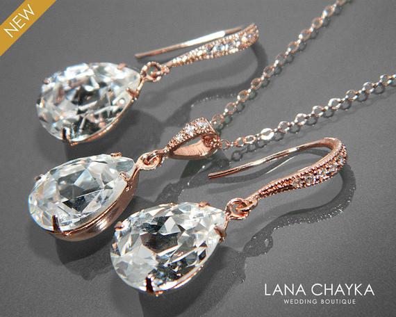 زفاف - Rose Gold Crystal Bridal Jewelry Set Clear Crystal Earrings&Necklace Set Swarovski Rhinestone Jewelry Set Wedding Bridesmaids Jewelry Sets