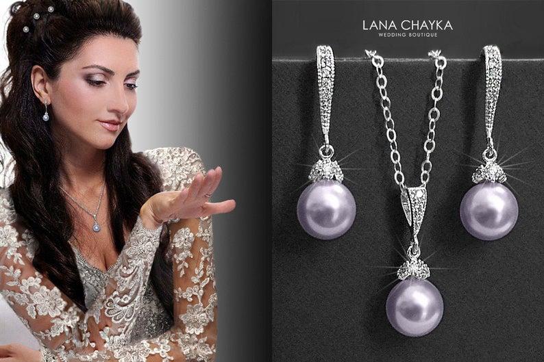 زفاف - Lavender Pearl Jewelry Set, Swarovski 8mm Pearl Earrings&Necklace Set, Lilac Silver Jewelry Set, Wedding Lilac Jewelry, Prom Lilac Jewelry