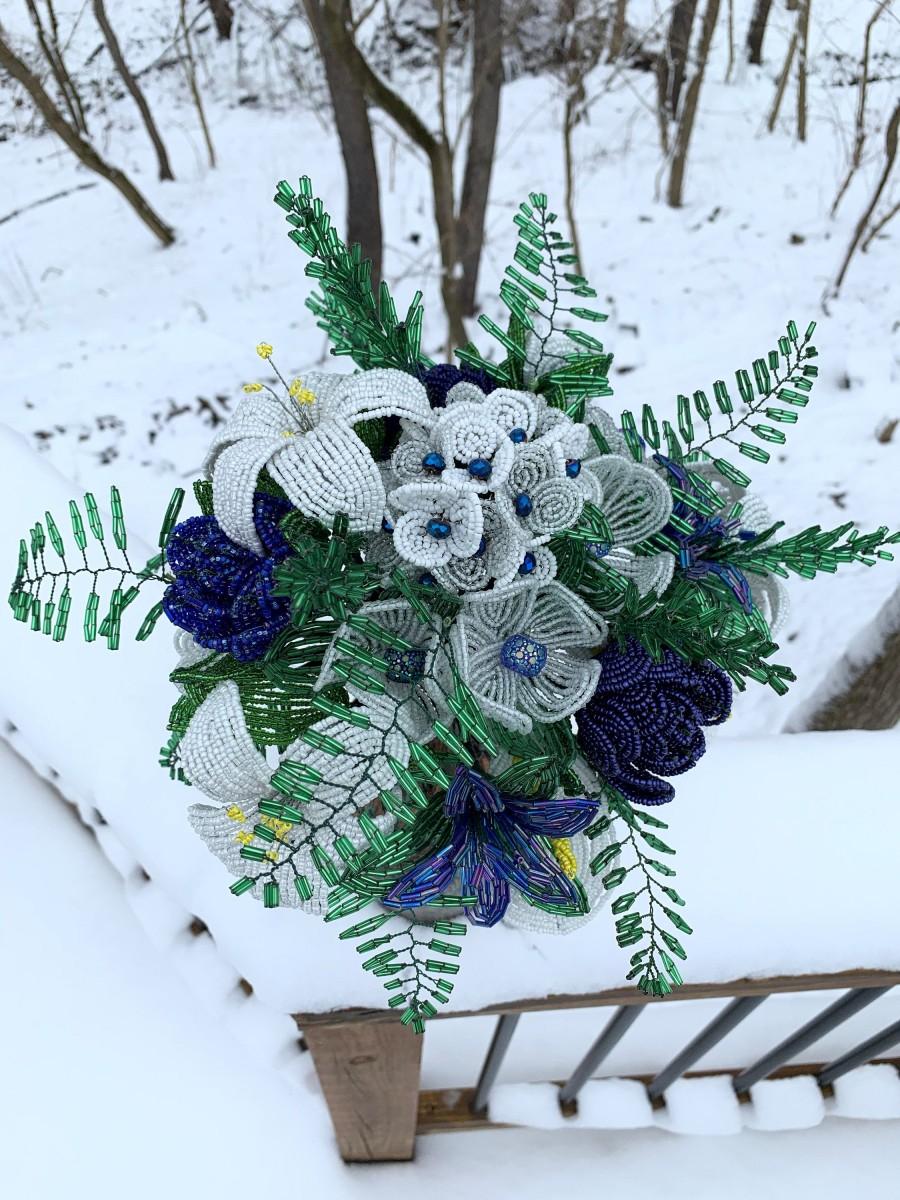 زفاف - Blue and White French Beaded Flower Bouquet or Arrangement (Vase not included)