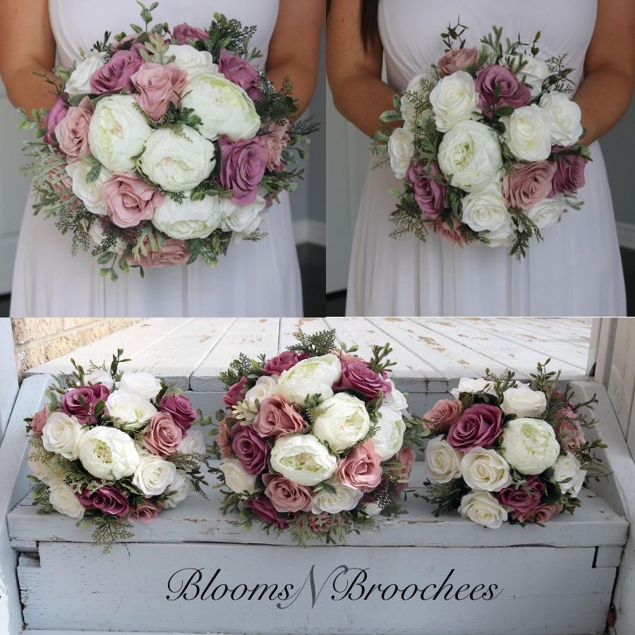 Hochzeit - Wedding bouquet, Dusty Rose, mauve  and  Ivory Bridesmaids bouquet, Wedding Flowers, custom bouquet, Corsage, bridal Flower Package