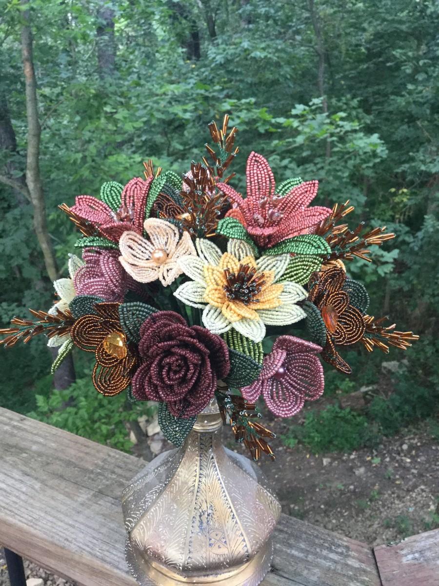 Hochzeit - Fall Colored French Beaded Floral Bouget or Arrangement (Vase not Included)