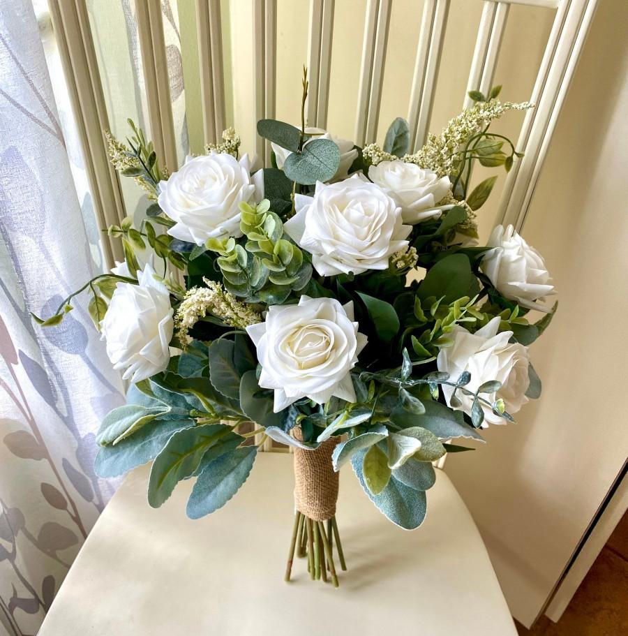 Hochzeit - Boho wedding bouquet, READY TO SHIP premium white roses & greenery bridal bouquet, wedding bouquet, bridesmaid flowers