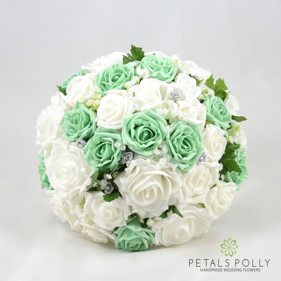 Wedding - Artificial Wedding Flowers, Mint Green & White Brides Bouquet Posy